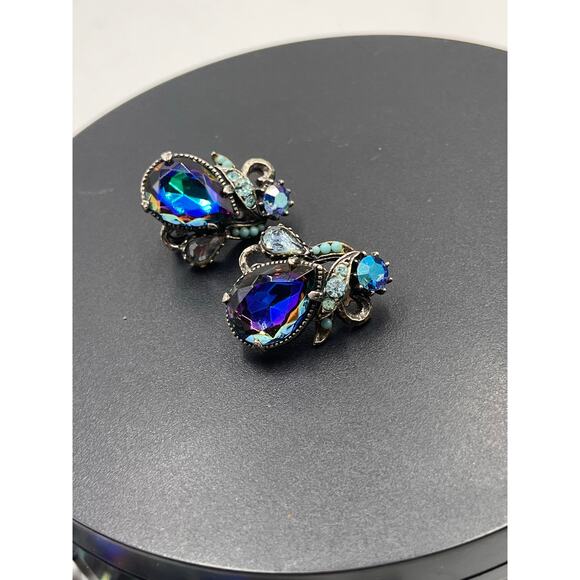 Florenza‎ Signed Vintage Blue Purple Iridescent Glass Bracelet earring Set - Picture 9 of 11